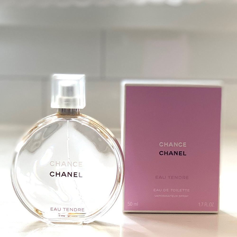 Chanel empty chance eau tendre perfume, bottle, and box
